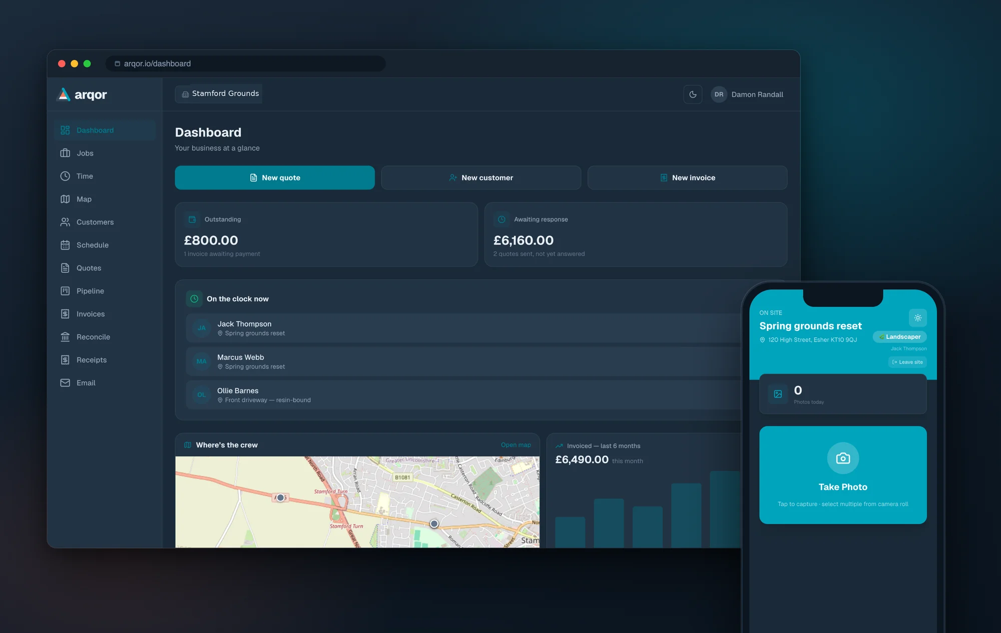 Arqor on desktop and mobile — the office dashboard with live crew map, and the worker app capturing on site