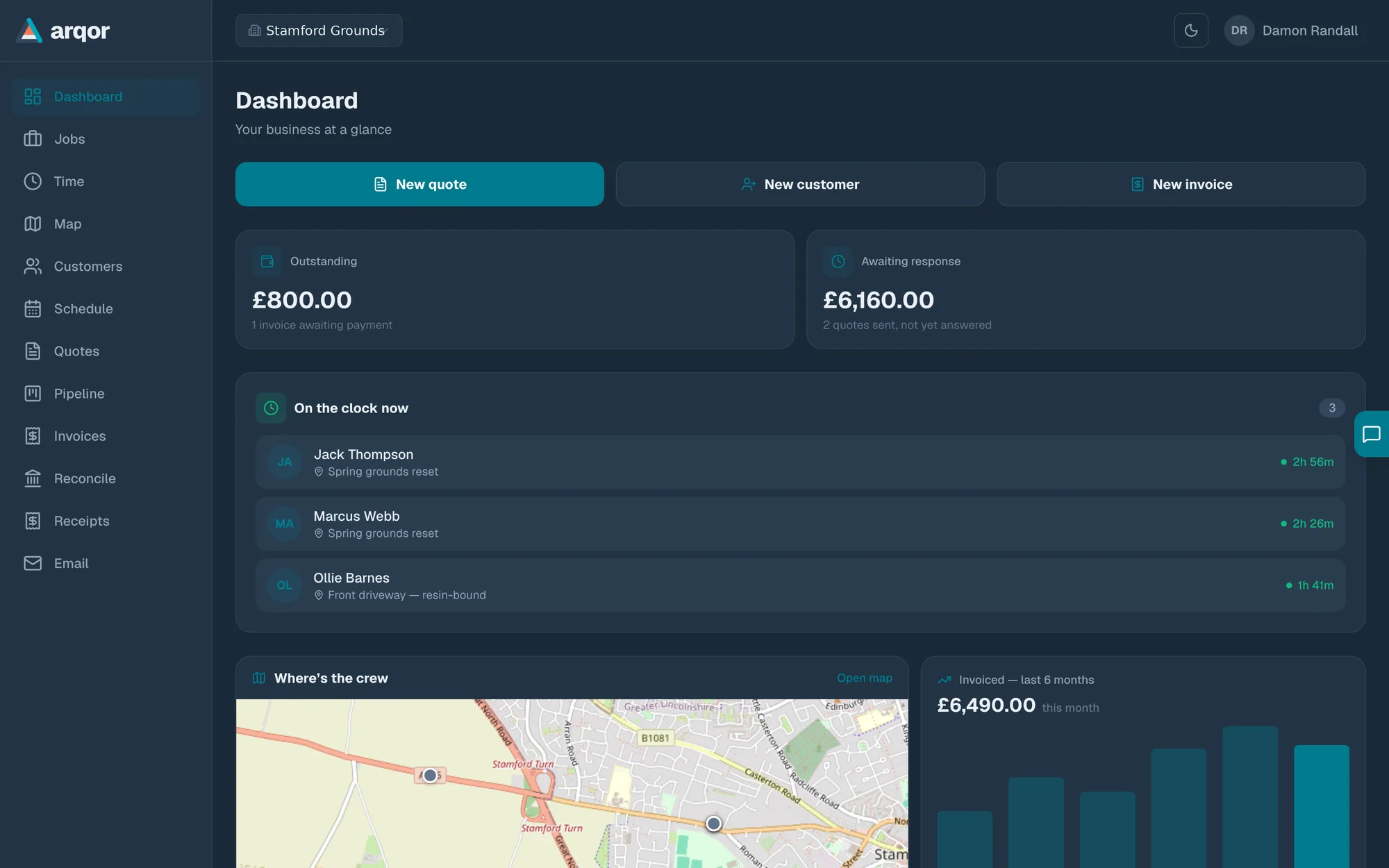 Arqor Office dashboard — quotes awaiting response, who's on the clock, the live crew map and invoicing