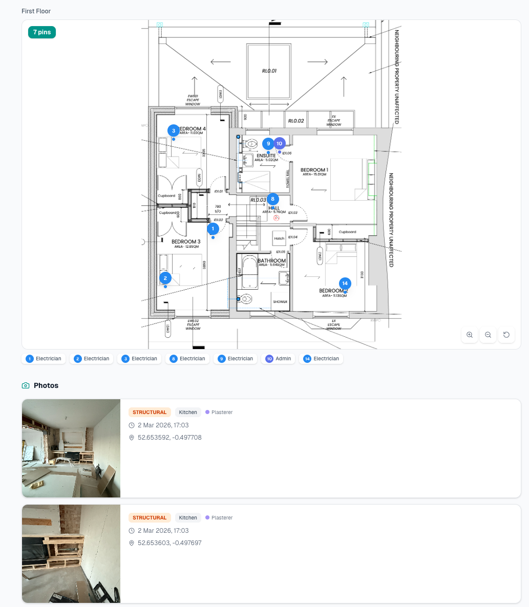 Arqor SiteRecord — floor plan with numbered photo pins from a live UK building project